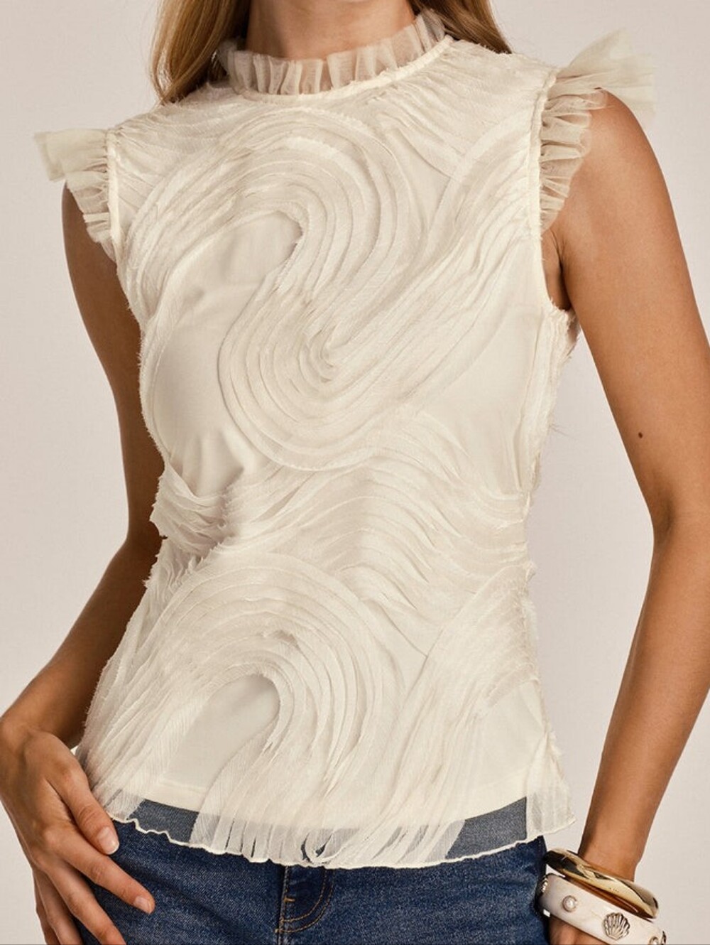 Commense Cream Ruffled Neck Sleeveless Top - Size M | Day Evening Event Summer